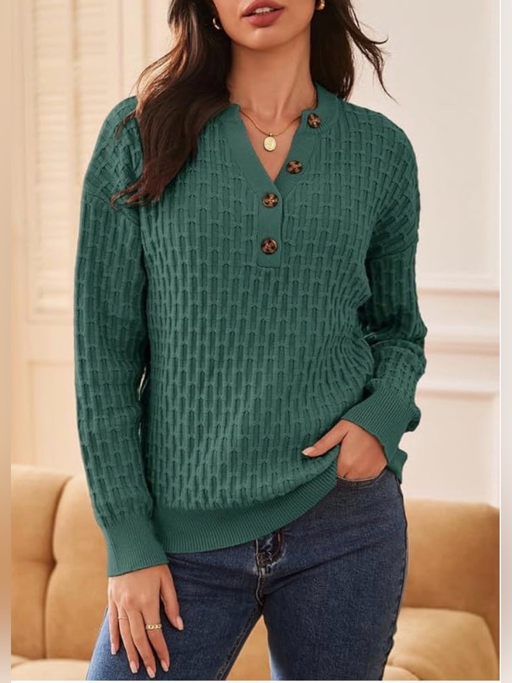 Button-Front Textured Crew Sweater in Teal Green - Women - Picture 2 of 8